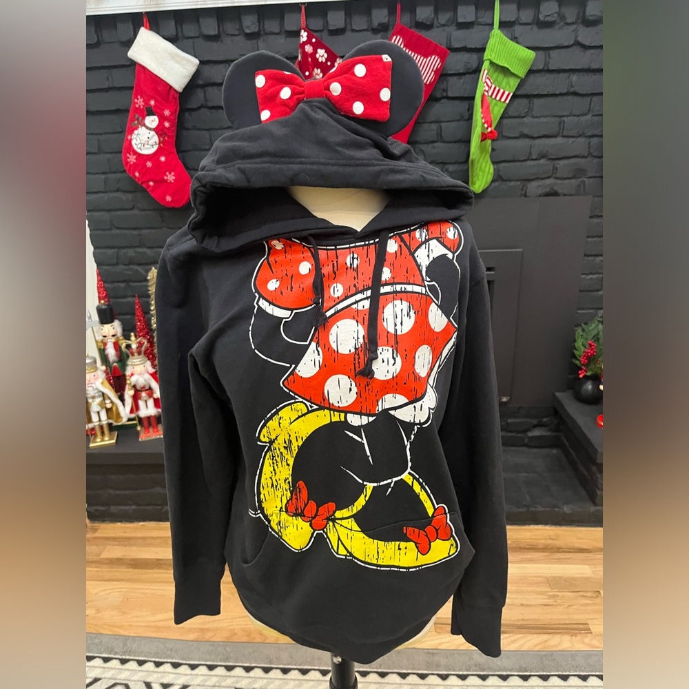 DISNEY PARKS Womens Hoodie Sweatshirt Size‎ XL Black Minnie Mouse Ears Bow